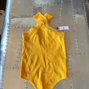 Women’s Yellow Sleeveless Bodysuit Express Criss Cross Neck FSU